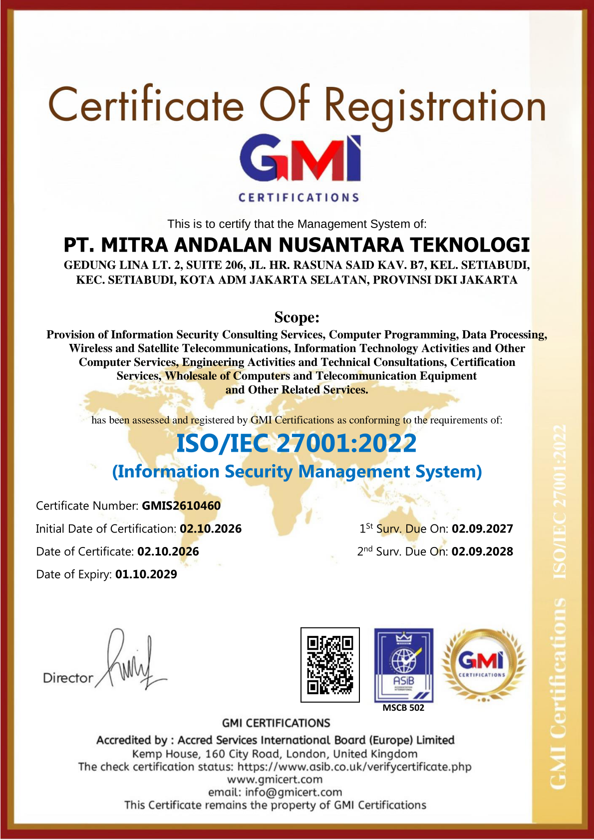 ISO/IEC 27001:2022 certificate of registration for PT. Mitra Andalan Nusantara Teknologi