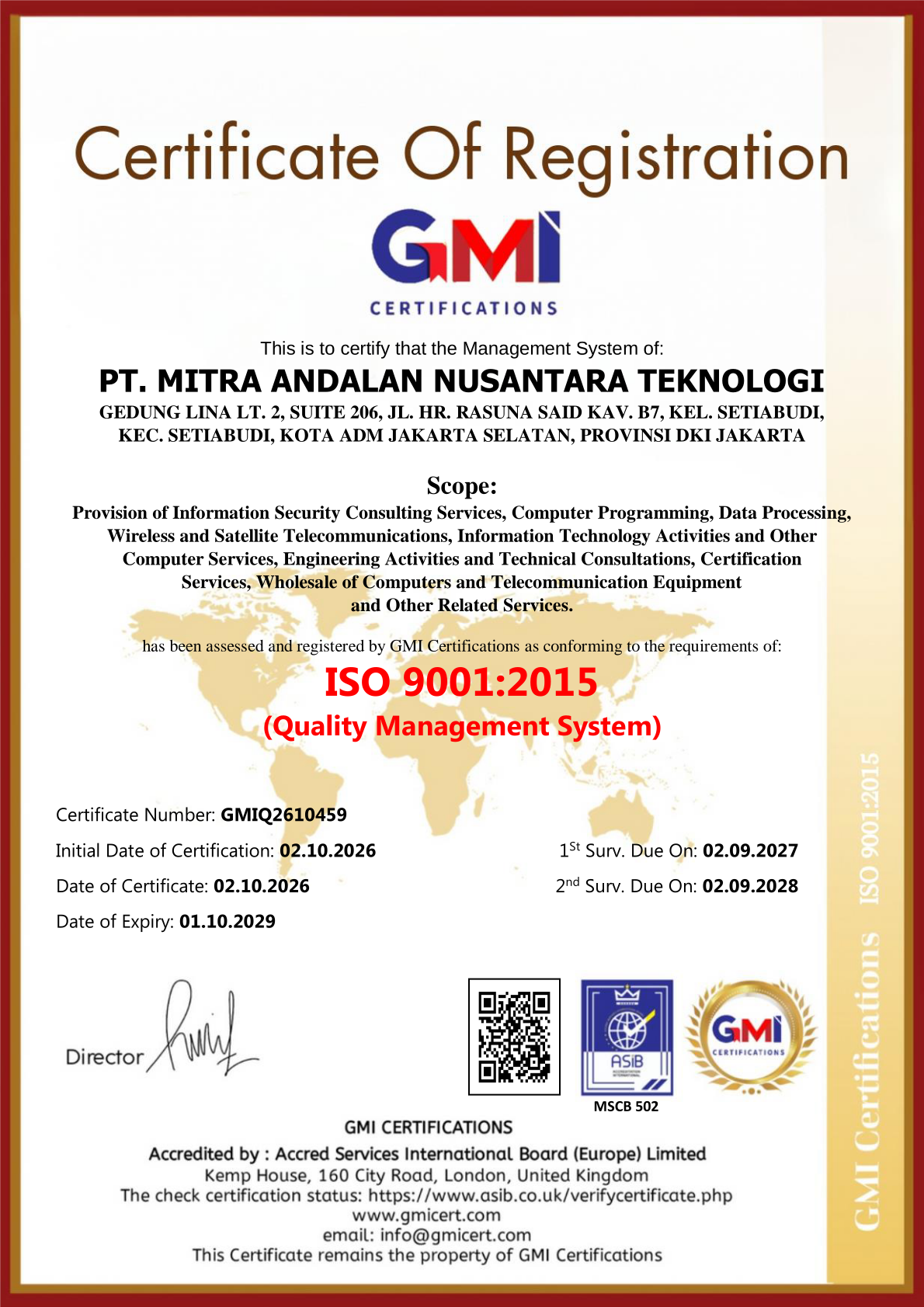 ISO 9001:2015 certificate of registration for PT. Mitra Andalan Nusantara Teknologi